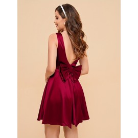 Mini Bow Back Solid Satin Fit and Flare Sleeveless Dress - Elegant Party and Banquet Outfit for Women - Perfect for Birthday, Wedding, and Engagement Occasions