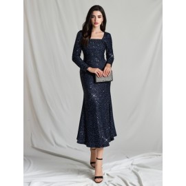 1pc Elegant Sequined Backless Maxi Dress for Women, Polyester Knit Fabric, Square Neckline, Solid Color, Versatile for All Seasons, Mother'S Wedding Party Gown