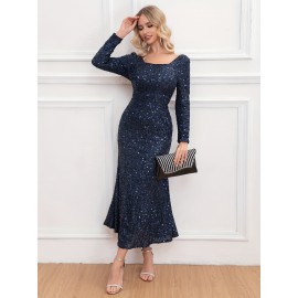 1pc Elegant Sequined Backless Maxi Dress for Women, Polyester Knit Fabric, Square Neckline, Solid Color, Versatile for All Seasons, Mother'S Wedding Party Gown
