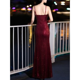 Elegant Black Sequin Evening Gown for Women - Luxurious Off-Shoulder, Sleeveless with Belt & Side Slit, Perfect for Parties & Banquets