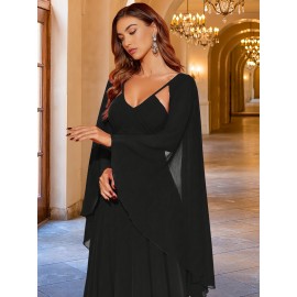 Elegant V-Neck Long Sleeve Sheer Shawl Dress with Exposed Back, Knit Fabric, A-Line Style, Solid Color, Super Long Length, All-Season Adult Dress