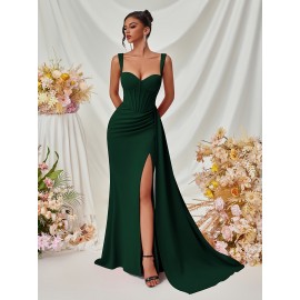 Elegant Spaghetti Strap Backless Gown with Thigh-High Slit - Perfect for Parties & Formal Events, Women's Evening Dress