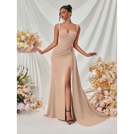 Elegant Spaghetti Strap Backless Gown with Thigh-High Slit - Perfect for Parties & Formal Events, Women's Evening Dress
