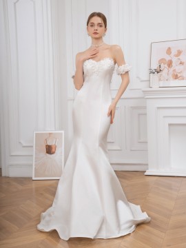 Elegant Off-Shoulder Ruffle Hem Wedding Dress - Exquisite Tie Back Wedding Party Gown for Women - Formal Evening, Occasion, Engagement, Ceremony, and Reception Wear