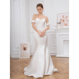 Elegant Off-Shoulder Ruffle Hem Wedding Dress - Exquisite Tie Back Wedding Party Gown for Women - Formal Evening, Occasion, Engagement, Ceremony, and Reception Wear