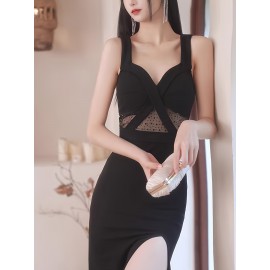 Elegant Middle Eastern Style Bodycon Mother of the Bride Dresses – V-Neck Sleeveless Gown with Slit, Zipper Detail and Built-in Chest Pad – Polyester & Spandex Blend – All-Season Long Evening Dress