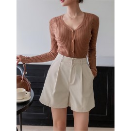 Women'S High-Waisted Straight Pants Shorts with Slant Pockets and Pleats, Solid Color, Woven Polyester, All-Season