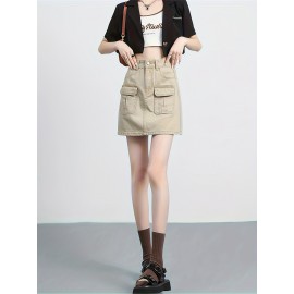 Plain Flap Pocket Cargo Denim Skirt, High Rise Versatile Hot Mini Denim Skirt, Women's Denim Jeans & Clothing
