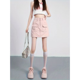 Plain Flap Pocket Cargo Denim Skirt, High Rise Versatile Hot Mini Denim Skirt, Women's Denim Jeans & Clothing