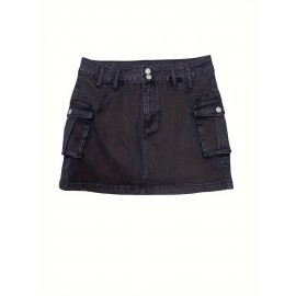 Plain Flap Pockets Cargo Denim Mini Skirt, High Stretch Double Button Washed Denim Skirt, Women's Denim Clothing