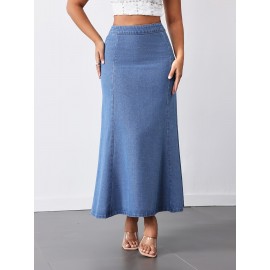 Women'S High-Waist Mermaid Denim Skirt, Casual Style, Non-Stretch Cotton Blend, Solid Color, with Zipper Detail, for Spring/Summer/Fall - Woven Fish Tail Skirt