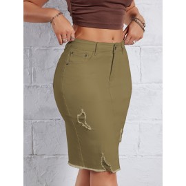 Hot Ripped High Waisted Bodycon Midi Denim Skirt, Women's Denim Jeans & Clothing