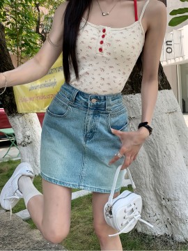 Plain Washed Blue High Rise Basic Style Mini Denim Skirt, Women's Denim Jeans & Clothing