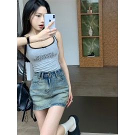 Chic High-Waist A-Line Denim Skirt with Built-In Liner - Casual, Non-Stretch, Machine Washable - Summer Fashion for Women