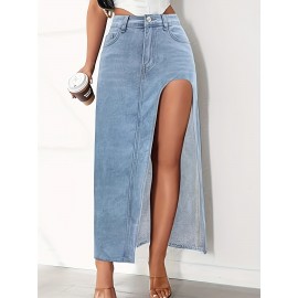 Split Side Whiskering Light Washed Blue Casual Style Stretchy Maxi Denim Skirt, Women's Denim Jeans & Clothing