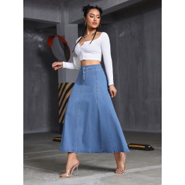 Comfy Stretchy Maxi Denim Skirt - Soft Washed Blue, Single-Breasted, Flattering Fit, Women's Denim Jeans & Clothing, Perfect for Casual Daily Wear, Versatile and Chic