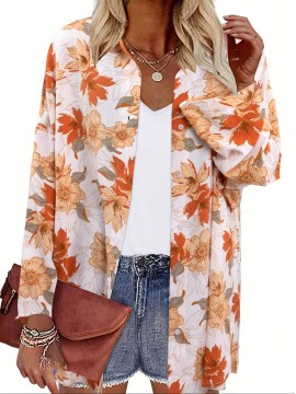 Floral Print Button Up Shirt, Vacation Lapel Neck Long Sleeve Loose Shirt, Women's Clothing
