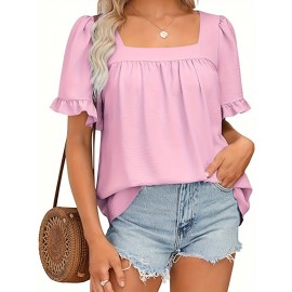 Vibrant Solid Color Square Neck Short Sleeve Blouse - Ruched Bust, Micro Elasticity, Machine Washable - Perfect for Mature Womens Casual Summer Clothing