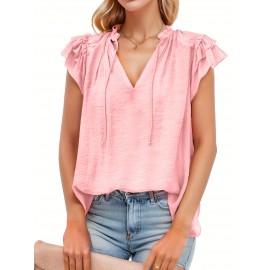 Women's Casual V Neck Tops Drawstring Short Sleeve T Shirt Blouses