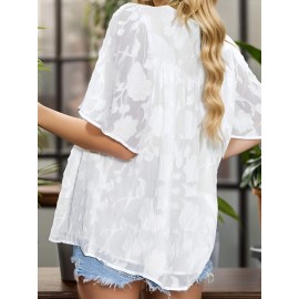 Womens 3/4 Bell Sleeve Blouse Summer Crewneck Lace Tops Floral Shirts