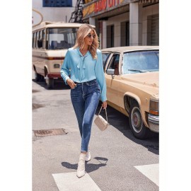 Women's Satin Silk Long Sleeve Blouse with Bow Tie Neck Office Work Wear Elegant Tops