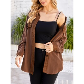 Drop Shoulder Button Front Shirt, Casual Long Sleeve With Pocket Shirt For Spring & Fall, Women's Clothing