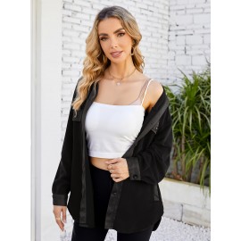 Drop Shoulder Button Front Shirt, Casual Long Sleeve With Pocket Shirt For Spring & Fall, Women's Clothing