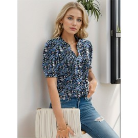 Floral Print Notched Neck Blouse, Casual Pleated Puff Sleeve Blouse For Spring & Summer, Women's Clothing