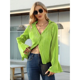 Solid Pleated V Neck Blouse, Casual Button Front Bell Sleeve Blouse For Spring & Fall, Women's Clothing