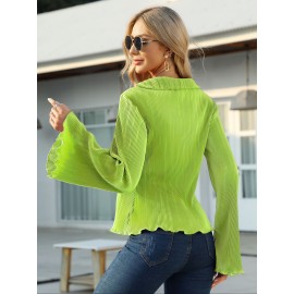 Solid Pleated V Neck Blouse, Casual Button Front Bell Sleeve Blouse For Spring & Fall, Women's Clothing